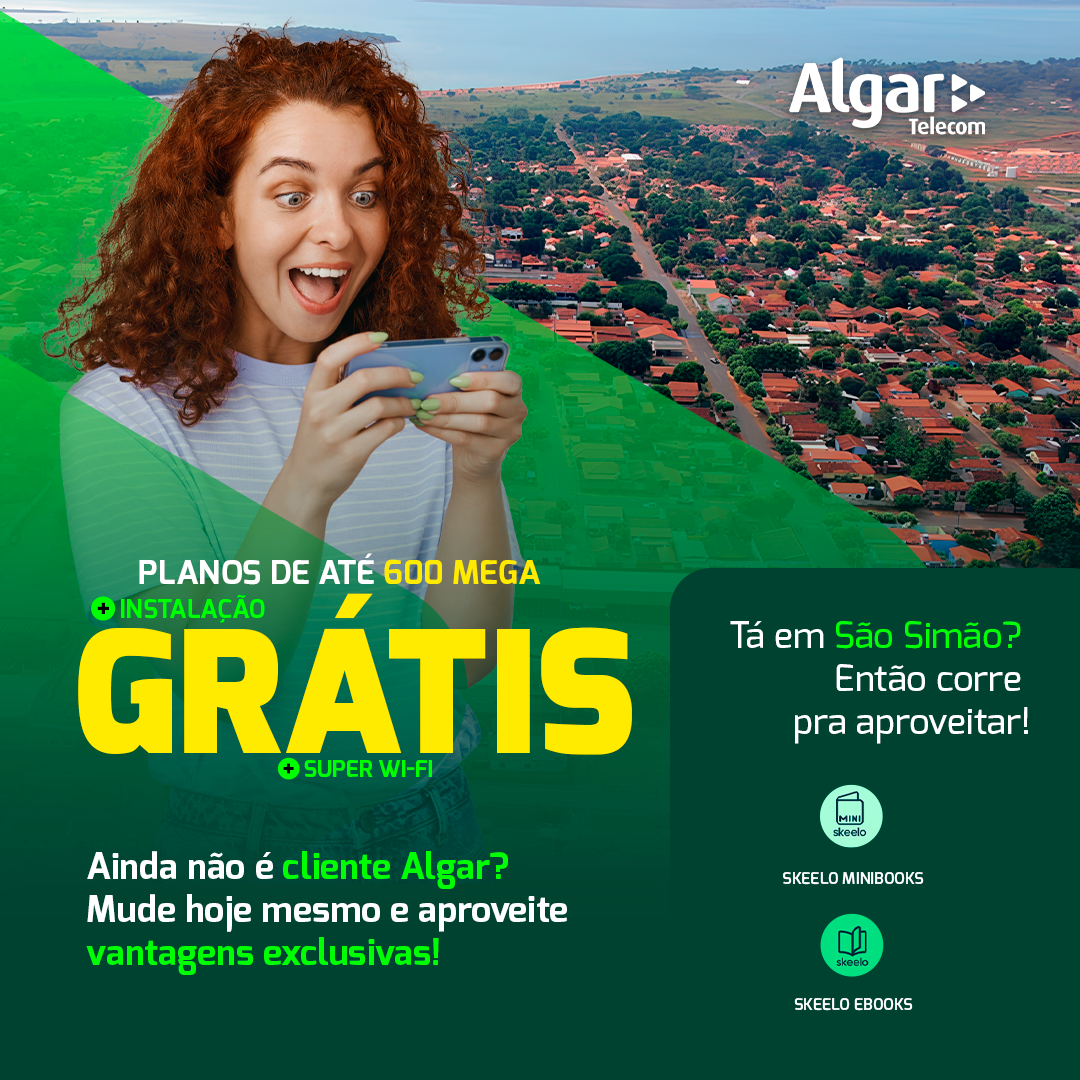 Anúncio Algar Telecom — São Simão, planos de até 600 mega