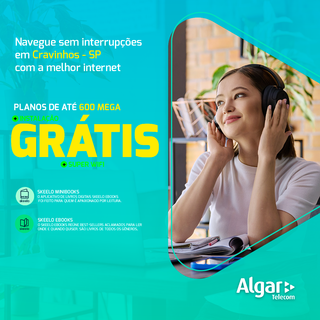 Anúncio Algar Telecom — planos de até 600 mega em Cravinhos-SP, formato paisagem
