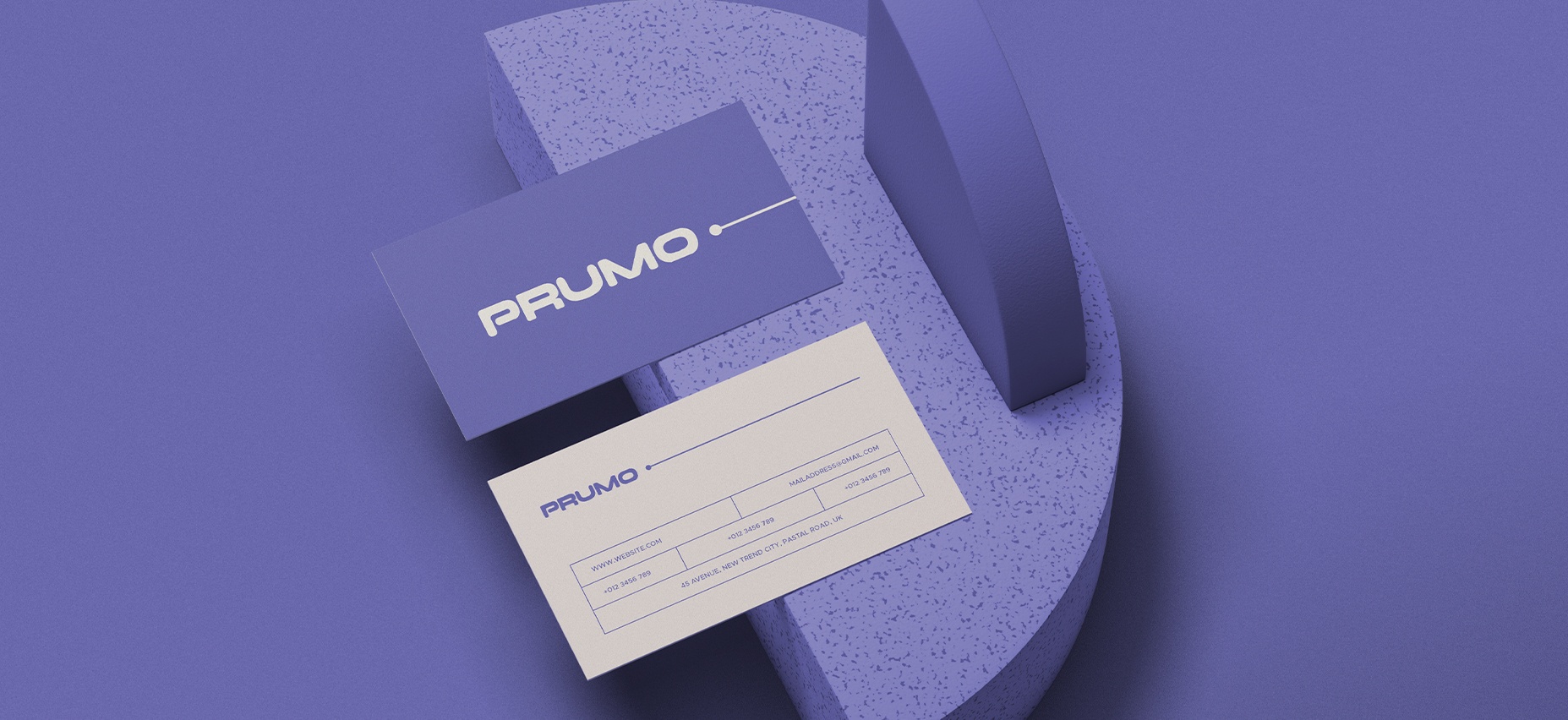 Prancheta 9 Prumo business card design on purple backdrop