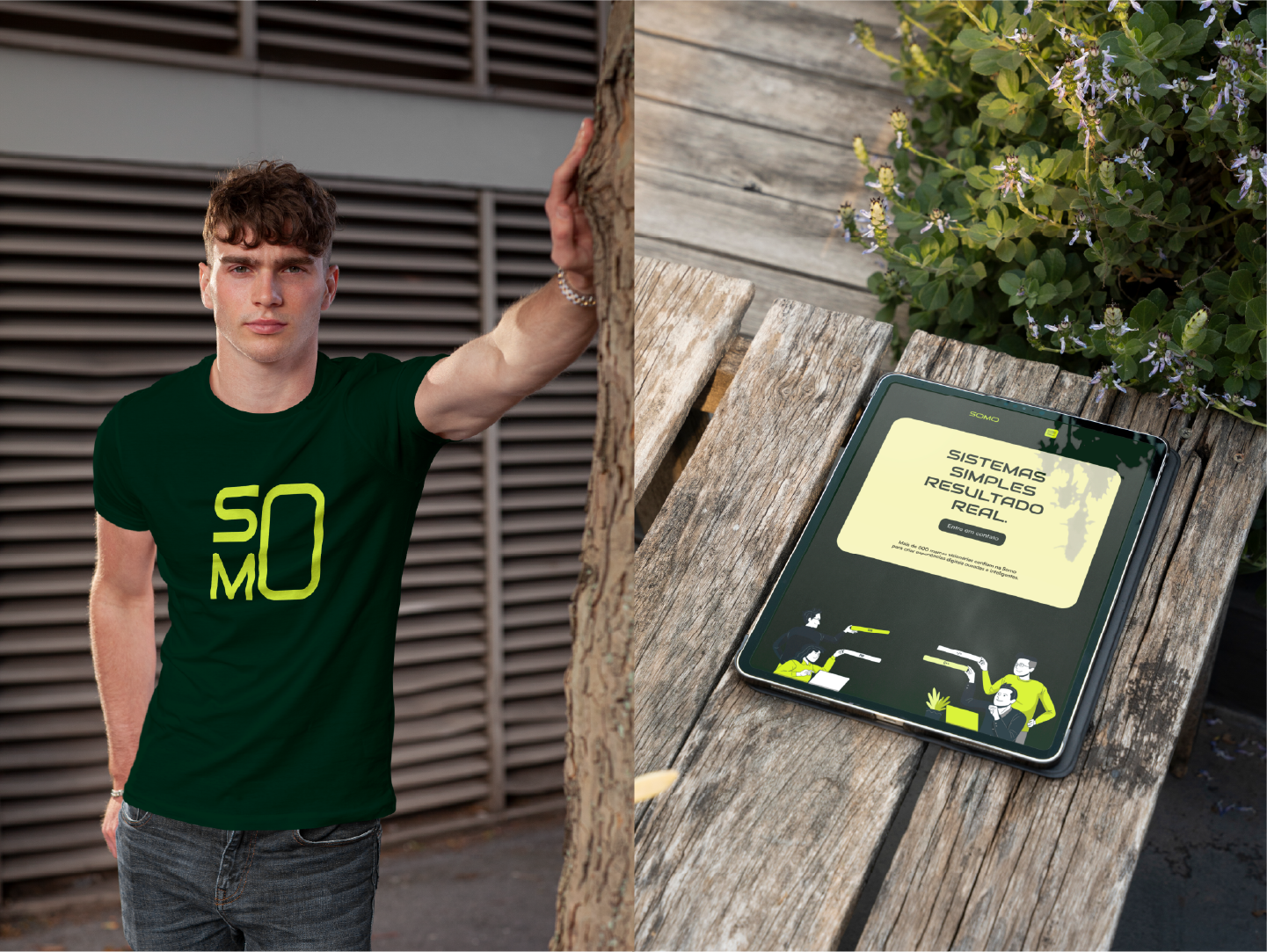 Camiseta e tablet exibindo a landing page da Somo