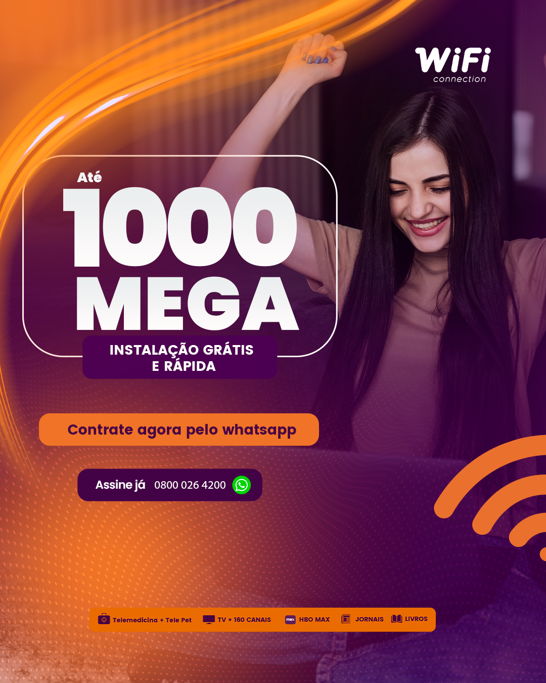 Anúncio WiFi Connection — planos de até 1000 mega, contrate pelo WhatsApp
